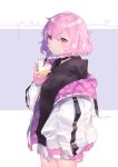  1girl beryl_(blueberylpie) black_hoodie bubble_tea closed_mouth cup drinking_glass highres holding hood hoodie jacket looking_at_viewer niconico nqrse pink_eyes pink_hair short_hair skirt utaite_(singer) white_jacket white_skirt 