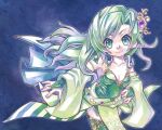  1girl aged_up breasts bridal_gauntlets cape closed_mouth collarbone detached_sleeves final_fantasy final_fantasy_iv green_eyes green_hair hair_ornament highres long_hair looking_at_viewer rydia_(ff4) smile solo thighhighs twitter_username y_kitsuno 