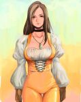  1girl bodysuit breasts brown_eyes brown_hair choker closed_mouth collarbone final_fantasy final_fantasy_ix garnet_til_alexandros_xvii gloves jewelry long_hair looking_at_viewer manma999 necklace orange_bodysuit simple_background smile solo 