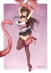  1girl :d armpits arms_up bangs black_hair black_skirt blush border breasts brown_eyes cleavage english_commentary full_body high_heels kotegawa_yui large_breasts long_hair microskirt miniskirt red_footwear restrained skirt smile solo standing standing_on_one_leg strappy_heels tank_top tentacles thighhighs to_love-ru toeless_footwear uncensored virus-g white_border white_tank_top 