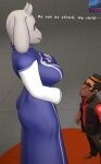  anthro big_breasts breasts bullet busterretro butt clothed clothing duo eyewear female hair hat headgear headwear hi_res human male male/female mammal short_male smile sniper_(team_fortress_2) sunglasses taller_female team_fortress_2 text toriel undertale undertale_(series) valve video_games 