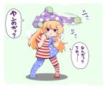 1girl american_flag_dress berusuke_(beru_no_su) blonde_hair chibi clenched_hands clownpiece fighting_stance green_background hat jester_cap long_hair open_mouth purple_eyes shadow short_sleeves solo speech_bubble touhou white_background 