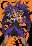  1girl armlet arms_up bare_shoulders blush claw_pose dark-skinned_female dark_skin dress fake_horns fake_wings fangs feet_out_of_frame fingernails halloween_costume highres horns iris_(pokemon) kohatsuka legs_apart long_hair looking_at_viewer medium_dress open_mouth pokemon pokemon_(game) pokemon_masters_ex purple_hair red_eyes sleeveless sleeveless_dress smile solo standing two_side_up very_long_hair wings wrist_cuffs 
