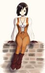  1girl bodysuit breasts brown_eyes brown_hair choker closed_mouth collarbone final_fantasy final_fantasy_ix full_body garnet_til_alexandros_xvii gloves highres jewelry looking_at_viewer necklace orange_bodysuit short_hair simple_background smile solo soosupaan 