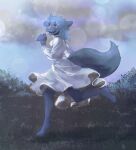  anthro blue_body blue_fur blue_hair bokeh canid canine canis clothed clothing cloudscape dress fangs female fur grass grey_eyes hair hi_res jumping light light_beam mammal nature paws plant running short_hair sky smile solo sunbeam sunlight weedymeadowfawn white_clothing white_dress wolf 