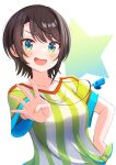  1girl absurdres aqua_eyes banana_de_ikopon bangs black_hair blush brown_hair fingernails hand_on_hip highres hololive looking_at_viewer loose_clothes loose_shirt no_headwear oozora_subaru open_mouth shirt solo striped striped_shirt swept_bangs t-shirt tied_shirt two-tone_shirt upper_body vertical-striped_shirt vertical_stripes virtual_youtuber whistle white_shirt yellow_shirt 