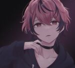  1boy black_hoodie earrings genderswap genderswap_(ftm) hair_between_eyes hatena_(harrrr07) hood hoodie jewelry niconico nqrse open_mouth pink_hair red_eyes short_hair single_earring solo utaite_(singer) 