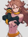  1girl android_21 bare_shoulders black_nails black_sleeves black_tube_top bracelet breasts brown_hair cleavage detached_sleeves dragon_ball dragon_ball_fighterz earrings grey_background hoop_earrings jewelry kemachiku long_hair looking_at_viewer navel pants red_eyes simple_background solo strapless tube_top upper_body white_pants 
