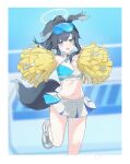  1girl absurdres animal_ears armpits black_hair blue_archive blush breasts cheering cheerleader cleavage commentary_request dog_ears dog_girl dog_tail half-closed_eyes halo hibiki_(blue_archive) hibiki_(cheerleader)_(blue_archive) highres looking_at_viewer medium_breasts midriff navel official_alternate_costume open_mouth pom_pom_(cheerleading) shikiama skirt smile solo sticker_on_face tail visor_cap 