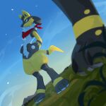 1:1 absurd_res alternate_color anthro blue_eyes blue_scarf cheek_tuft corzh77 duo facial_tuft featureless_crotch fur generation_4_pokemon glistening glistening_eyes grass grey_body grey_fur head_tuft hi_res kerchief leg_markings low-angle_view lucario male markings mouth_closed multicolored_body multicolored_fur narrowed_eyes neckerchief nintendo nude outside plant pokemon pokemon_(species) red_kerchief red_neckerchief scarf socks_(marking) solo_focus standing three-quarter_view tuft unsigned video_games white_body white_fur yellow_body yellow_fur 