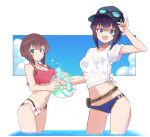  2girls azu_ankoowl ball bangs baseball_cap beachball bikini bikini_under_clothes blue_bikini blue_eyes blush bottle breasts brown_hair character_request cleavage closed_mouth cloud frilled_bikini frills goggles goggles_on_headwear green_eyes green_headwear hand_on_headwear hat highres holding holding_ball holding_bottle long_hair medium_breasts multiple_girls navel open_mouth pouch purple_hair ramune shirt short_hair short_sleeves smile swimsuit tenka_hyakken tied_shirt wading water wet wet_clothes wet_shirt 