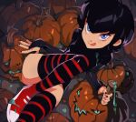  1girl black_hair black_nails bridal_gauntlets commentary elbow_gloves english_commentary gloves highres hotel_transylvania jack-o&#039;-lantern licking looking_at_viewer mavis_dracula optionaltypo pumpkin red_footwear saliva shoes short_hair signature sneakers striped striped_thighhighs thighhighs tongue tongue_out vampire 