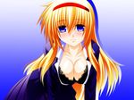  blonde_hair blue_eyes blush bra breasts cleavage engo_(aquawatery) hairband large_breasts lingerie long_hair open_clothes open_shirt original pleated_skirt shirt skirt smile solo underwear very_long_hair 