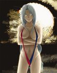  areola_slip areolae beato2528 blue_eyes breast_hold breasts crossed_arms highres large_breasts lips long_hair looking_at_viewer silver_eyes silver_hair slingshot_swimsuit solo swimsuit touhou yagokoro_eirin 
