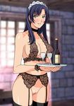  alcohol black_hair blush bottomless bra breasts choker cleavage copyright_request cup drinking_glass garter_belt glass lingerie long_hair maid maid_headdress medium_breasts rudoni smile solo thighhighs tray underwear underwear_only wine wine_glass yellow_eyes 