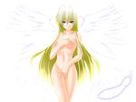 ahoge angel angel_wings antenna_hair bad_id bad_pixiv_id blonde_hair blue_eyes breast_hold breasts covering covering_crotch engo_(aquawatery) feathers large_breasts long_hair navel nude original solo very_long_hair wings 