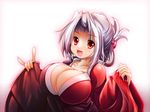  :d breasts cleavage huge_breasts japanese_clothes kimono open_mouth polydactyly silver_hair smile solo touhou yagokoro_eirin yanmarson yellow_eyes 