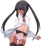  black_eyes black_hair black_legwear bra garter_belt hayashiya_zankurou k-on! lingerie long_hair nakano_azusa no_pants one-piece_tan open_clothes open_shirt panties shirt solo striped striped_bra striped_panties tan tanline thighhighs twintails underwear 