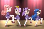  4girls :3 =_= ahoge blue_eyes blue_hair blush bow cheerleader dancing gaketsu glasses hair_bow highres hiiragi_kagami hiiragi_tsukasa izumi_konata kneehighs long_hair lucky_star multiple_girls o_o pink_hair pose purple_eyes purple_hair short_hair siblings sisters sweatdrop takara_miyuki thriller twins wavy_mouth yellow_bow you're_doing_it_wrong 