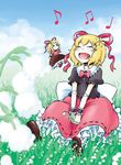  :d blonde_hair closed_eyes doll doll_joints flower freckles grass hair_ribbon happy highres lily_of_the_valley medicine_melancholy music musical_note open_mouth ribbon short_hair singing sitting smile solo su-san touhou wrist_cuffs yoekosukii 