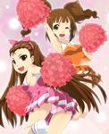  :d arm_up blush brown_eyes brown_hair cheerleader foreshortening green_eyes hairband idolmaster idolmaster_(classic) idolmaster_2 leg_up long_hair looking_back mamezou minase_iori multiple_girls navel one_eye_closed open_mouth panties pantyshot pink_panties pom_poms smile takatsuki_yayoi twintails underwear 