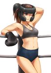  armpits boxing boxing_gloves boxing_headgear brown_eyes brown_hair buruma hand_behind_head highres midriff one_eye_closed original solo sports_bra tsuyakeshi_chairo 