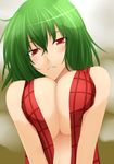  bare_shoulders blush breast_squeeze breasts cleavage green_hair kazami_yuuka large_breasts no_bra no_undershirt open_clothes open_vest plaid plaid_vest red_eyes seductive_smile shuugetsu_karasu smile solo touhou vest 