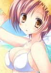  bad_id bad_pixiv_id beach bikini brown_eyes brown_hair close-up hat highres nanaroba_hana original short_hair solo straw_hat swimsuit 