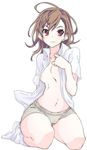  bad_id bad_pixiv_id breasts brown_hair cameltoe hair_ornament hairclip kneeling light_smile medium_breasts messy_hair misaka_mikoto navel no_bra open_clothes open_shirt shirt short_hair shorts solo to_aru_kagaku_no_railgun to_aru_majutsu_no_index toru_k wide_hips 