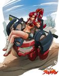  belt bikini_top boots breasts cleavage crossed_legs elbow_gloves gloves gun hair_ornament lagann large_breasts legs lips long_hair long_legs niccolo_balce ponytail red_hair rifle scarf short_shorts shorts sitting sniper_rifle striped striped_scarf tengen_toppa_gurren_lagann thighhighs thighs weapon yoko_littner 