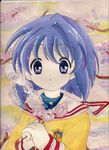  artist_request blue_eyes blue_hair clannad fujibayashi_ryou highres hikarizaka_private_high_school_uniform school_uniform short_hair solo traditional_media 