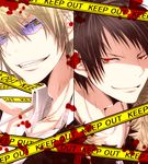  black_hair blonde_hair caution_tape cigarette durarara!! glasses grin heiwajima_shizuo keep_out male_focus multiple_boys orihara_izaya red_eyes ryoko_(game_x_over) smile yellow_eyes 