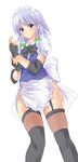  apron black_legwear blouse blue_eyes blush borrowed_design bow bowtie braid elbow_pads fingerless_gloves garter_straps gloves highres izayoi_sakuya jpeg_artifacts konimaru large_bow maid maid_headdress no_pants short_hair silver_hair solo standing thighhighs touhou twin_braids vest wrestling 