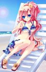  bad_id bad_pixiv_id beach beach_chair bikini blue_bikini blue_eyes blue_sarong breasts chair day kosuzume legs long_hair lounge_chair original ponytail print_sarong red_hair sandals sarong solo swimsuit tongue underboob very_long_hair 