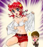  1girl 70s bra g-hiiragi jewelry kanzaki_megu lingerie magical_girl majokko_megu-chan navel necklace oldschool open_mouth red_hair shirt shorts surprised sweat underwear undressing white_bra 