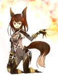  :p animal_ears armor bad_id bad_pixiv_id black_hair bodysuit breasts claws cleavage fire fox_ears fox_tail ganesagi gauntlets highres kneeling medium_breasts original red_eyes short_hair solo tail tongue tongue_out 