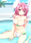  animal_ears barefoot bikini bikini_in_mouth blush bow breasts bunny_ears cleavage hands highres large_breasts looking_at_viewer mouth_hold navel original partially_submerged pink_hair red_eyes sakura_(usashiro_mani) shiny shiny_skin short_hair sitting smile solo submerged swimsuit untied untied_bikini usashiro_mani wariza 