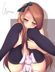  black_legwear bow brown_eyes brown_hair bunny covering embarrassed hair_bow hair_over_breasts highres idolmaster idolmaster_(classic) idolmaster_2 leg_hug long_hair minase_iori natsu_(anta_tte_hitoha) nude nude_cover solo stuffed_animal stuffed_bunny stuffed_toy thighhighs wavy_mouth 