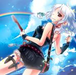  album_cover alternate_costume ass bag braid choker contemporary cover dutch_angle guitar instrument inuinui izayoi_sakuya knife looking_back plectrum pocket_watch rainbow red_eyes short_hair silver_hair solo thigh_strap touhou twin_braids watch 