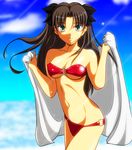  bandeau bikini black_hair breasts cleavage covered_nipples fate/stay_night fate_(series) gentoku green_eyes highres long_hair medium_breasts o-ring o-ring_bottom o-ring_top solo strapless swimsuit toosaka_rin towel tubetop two_side_up underboob 