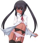  black_eyes black_hair black_legwear bra garter_belt hayashiya_zankurou k-on! lingerie long_hair nakano_azusa no_pants open_clothes open_shirt panties shirt solo striped striped_bra striped_panties tan thighhighs twintails underwear 