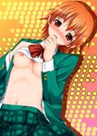  bad_id bad_pixiv_id blush breasts cleavage highres inami_mahiru medium_breasts mikuni_mizuki nipples no_bra open_mouth orange_eyes orange_hair school_uniform shirt_lift short_hair solo working!! 