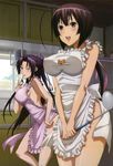  :d absurdres ahoge apron black_hair blush breasts covered_nipples hair_ribbon hand_on_hip highres impossible_clothes kazehana kitchen ladle large_breasts leaning_forward lipstick long_hair makeup multiple_girls musubi naked_apron naughty_face non-web_source nyantype official_art one_eye_closed open_mouth orange_eyes ponytail purple_eyes purple_hair ribbon sekirei smile standing thighs tomooka_shinpei very_long_hair window 