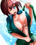  blue_eyes bottomless breasts brown_hair cleavage collarbone covered_nipples highres huge_breasts no_bra one_eye_closed original short_hair sleeves_pushed_up smile solo unzipped wakagashira water wet 