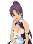  :d a1 apron arm_ribbon asuka_(dream_c_club_zero) bare_shoulders bow breasts cleavage dream_c_club dream_c_club_(series) green_eyes long_hair medium_breasts open_mouth ponytail purple_hair ribbon simple_background smile solo tan tanline 