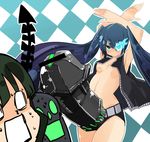  black_hair black_rock_shooter black_rock_shooter_(character) blue_eyes breasts cannon censored dead_master dildo glowing glowing_eyes hibimegane long_hair medium_breasts multiple_girls navel nipples sexually_suggestive strap-on topless twintails very_long_hair you_gonna_get_raped yuri 