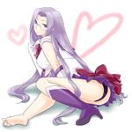  ass back_bow bad_id bad_pixiv_id barefoot bishoujo_senshi_sailor_moon boots bow cck_(ops) color_connection cosplay fate/stay_night fate_(series) feet glasses knee_boots legs long_hair magical_girl panties purple_eyes purple_footwear purple_hair purple_sailor_collar red_bow rider sailor_collar sailor_saturn sailor_saturn_(cosplay) sailor_senshi_uniform single_boot solo underwear 