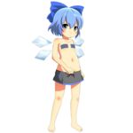  1girl bad_id bad_pixiv_id barefoot blue_eyes blue_hair blush bow censored child cirno flat_chest full_body hair_bow lowleg navel no_panties pasties short_hair simple_background skirt solo standing topless touhou ukami wings 