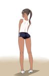  back brown_hair buruma dark_skin from_behind full_body gym_uniform kneepits original pigeon-toed poin ponytail shirt_tan shoes shorts_tan simple_background solo standing tan tanline topless 