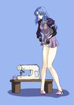  blue_hair caster fate/stay_night fate_(series) legs long_hair mihane panties pointy_ears purple_eyes sewing sewing_machine slippers solo underwear 
